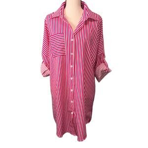 Oversized Boho Pink Stripe Button Down Shirt Dress Swim Cover Lagenlook M